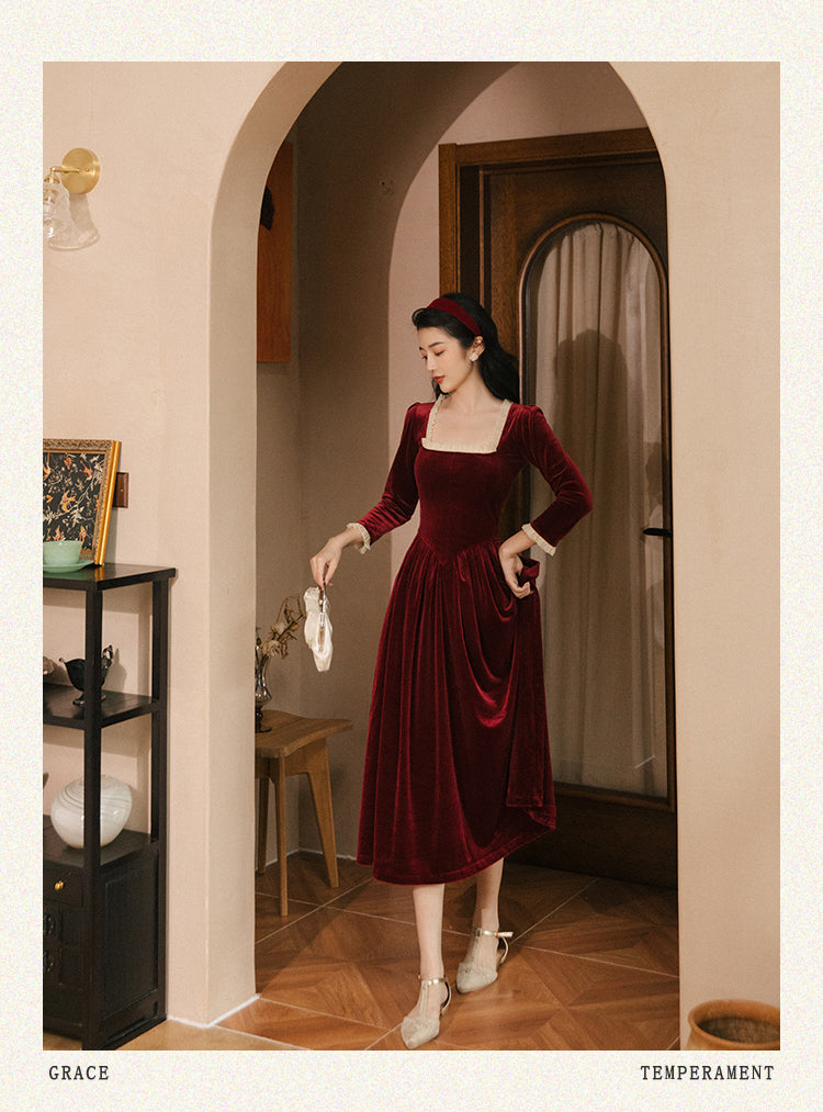 Vintage Velvet Dress Woman Solid Claret & Purple Color Square Collar Ruffles Elegant Lady Dinner Dresses Retro Vestido Festa