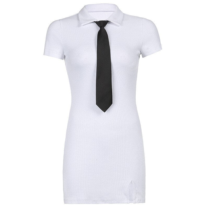 Womens Dresses New Arrival Summer Preppy Style Turn-Down Collar Tie Short Sleeve Slit Tshirt Dress 2000s Tight Knit White Dress