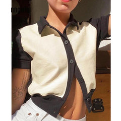 Lizakosht Summer T Shirt Women Casual Knitted Elastic Tshirt Short Sleeve Turn-down Collar Tee Tops Female Korean Style Top