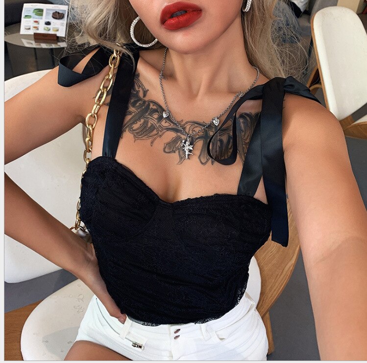 Satin  Summer 2021 New One-word Neck Strap Suspenders Mesh Stitching Halter Slim-fitting All-match Vest Women Party Halter Top