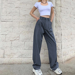 Brand New Women High Waist Suit Pants Solid Color Straight Long Trousers Women High Waisted Pants Casual Women Clothes