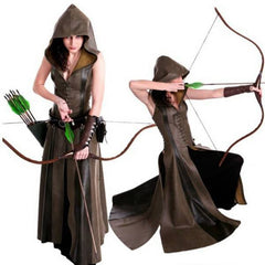 Medieval Archer Ranger Elf Halloween Hobbit Costume Women Assassin Jerkin Cosplay Bodice Dress Leather Hood Robe Cloak For Adult