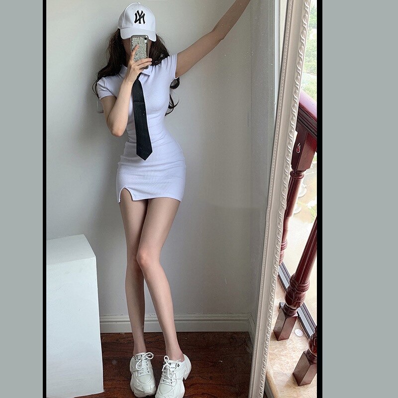 Womens Dresses New Arrival Summer Preppy Style Turn-Down Collar Tie Short Sleeve Slit Tshirt Dress 2000s Tight Knit White Dress