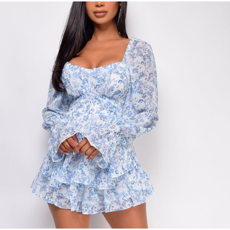 Lizakosht  Women's Chiffon Long Sleeves Jumpsuit Lace Up Ruffle Floral Print Romper Female Playsuit 2022 Ladies Sexy Square Collar Jumpsuit