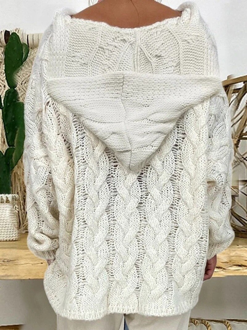 autumn women hooded sweater casual loose long knitted pullover wide rope England style v-neck sweater tops oversized sweater