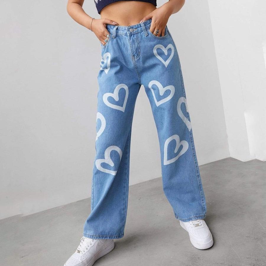 Lizakosht Fall/Winter New Woman's Heart Printed Graffiti Jeans High Waist Loose Denim Wide Leg Pants Street Hipster Trousers S-2XL