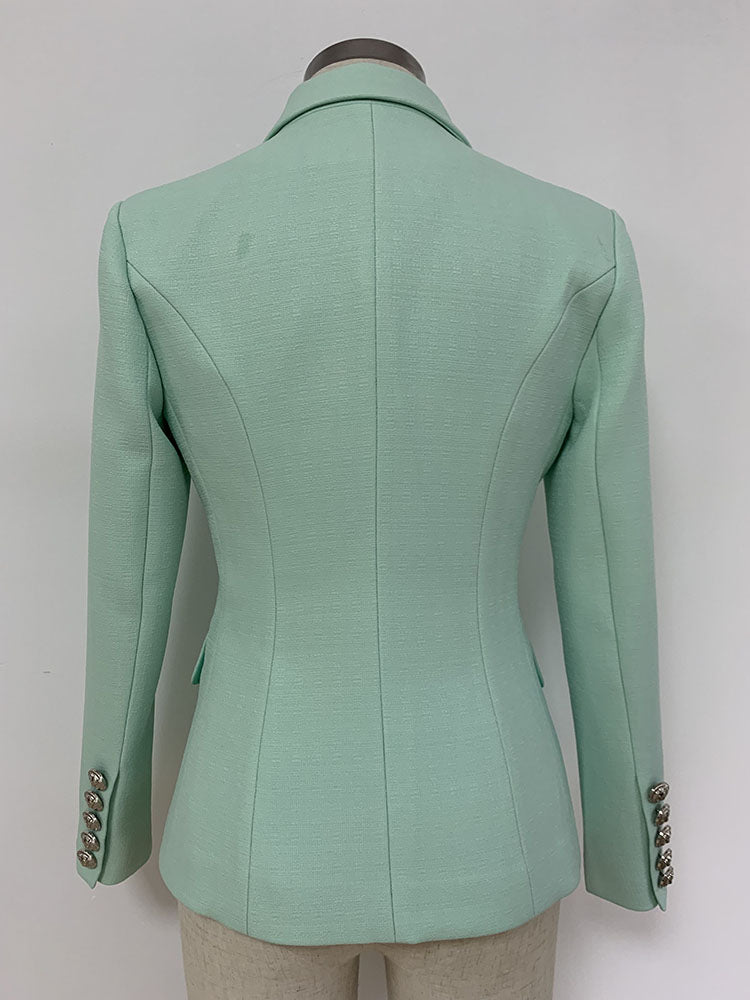 Lizakosht Classic Baroque Designer Blazer Jacket Women's Metal Lion Buttons Double Breasted Textured Blazer Mint Green