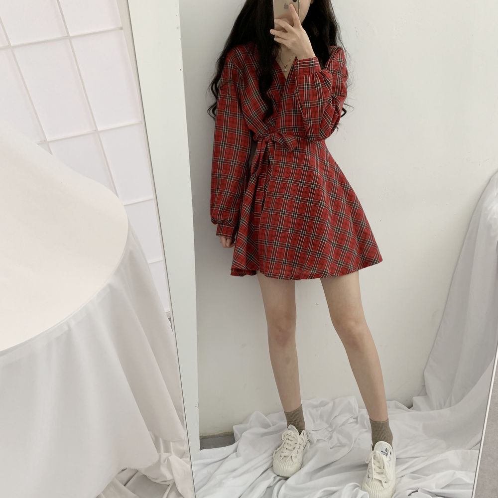 New Autumn Long Sleeve Dress Women Preppy Style Bow Palid V-neck Mini Plaid Dresses Korean High Waist Short Dress Elegant