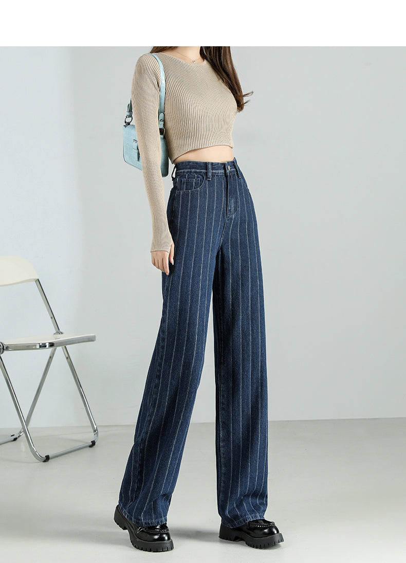 Stripe Jeans Straight Pants Loose High Waist Plus Size Women Casual  Fashion Retro Cowboy Wide Leg Trousers 2022 New