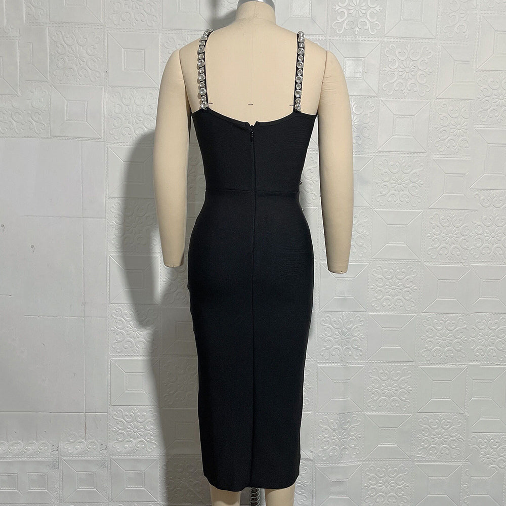 Lizakosht  2022 Ladies Spaghetti Straps V-neck Sexy Tight Bandage Dress Crystal Diamond Design Celebrity Runway Party Club Dress