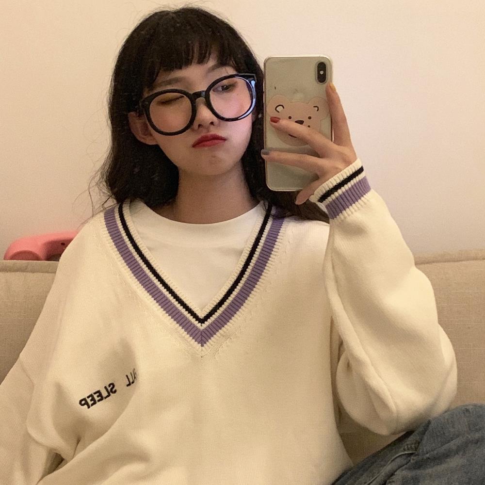 Sweaters Women Ulzzang Letter Chic Vintage V-neck Daily Oversize Girls Pullovers Student Fall Casual All-match Ins Women Sweater