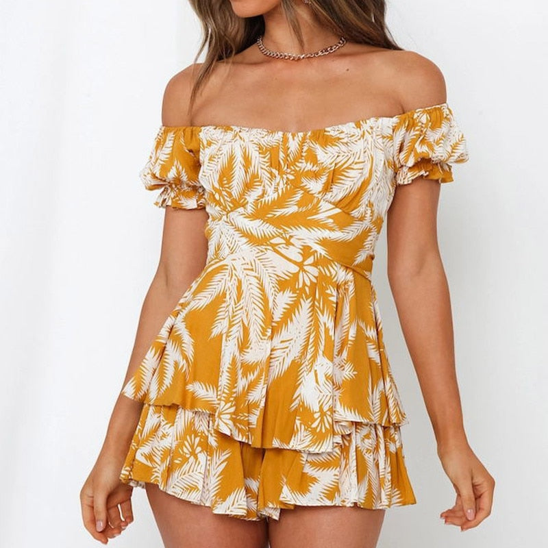 Lizakosht  Off Shoulder Lantern Sleeve Women's Jumpsuits Sexy Ruffle Printing Lace-up Female Rompers 2022 Summer Fashion Sweet Lady Clothes