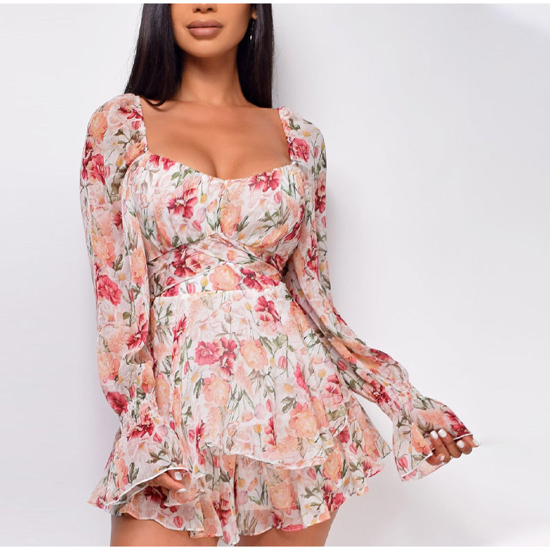 Lizakosht  Women's Chiffon Long Sleeves Jumpsuit Lace Up Ruffle Floral Print Romper Female Playsuit 2022 Ladies Sexy Square Collar Jumpsuit
