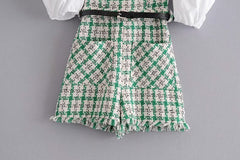 Elegant women tweed rompers 2022 fashion ladies green plaid rompers streetwear female sweet pocket playsuit girls chic romper