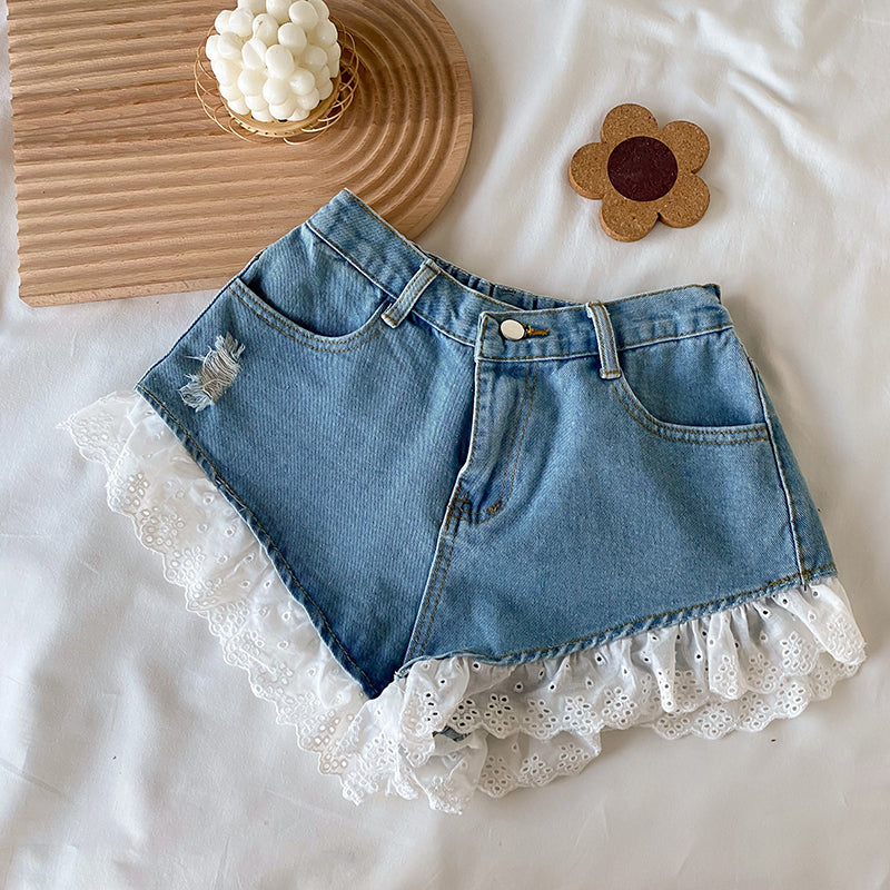 Lolita Girls Blue Denim Lace Two Piece Set Y2K Women Bustier Camis Crop Top High Waist Shorts Outfits Sexy Femenino 2 Piece Set