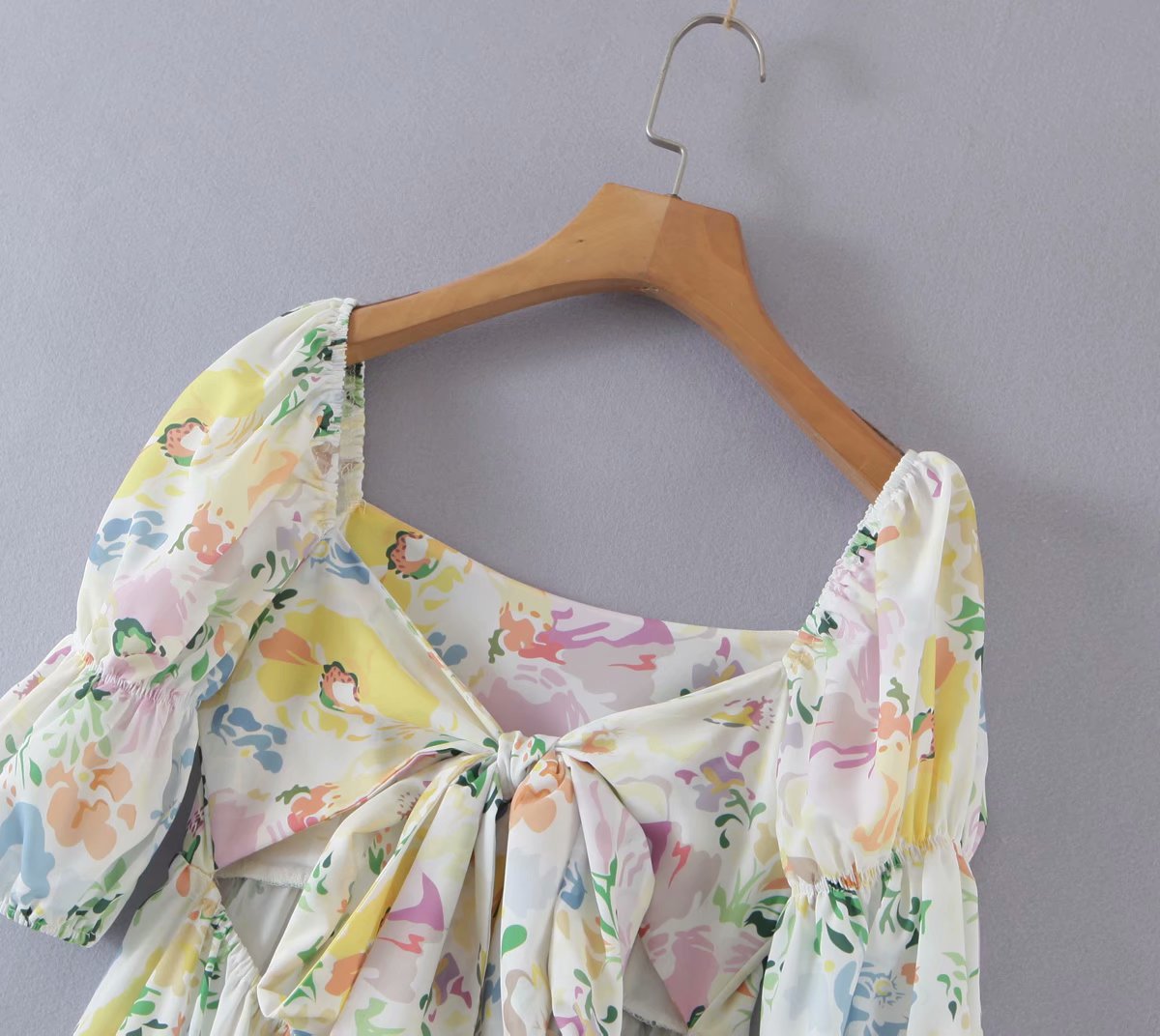Women France Floral Print Holiday Dress Square Collar Back Tie Bow Backless Dresses Slim Midi Slit Dress 202107