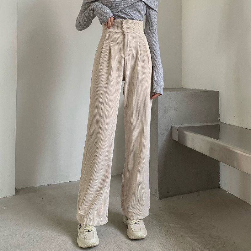 Hstar High Waist Double Button Loose Female Straight Leg Trousers Casual Pantalon Femme Pant Fashion Women Corduroy Long Pant