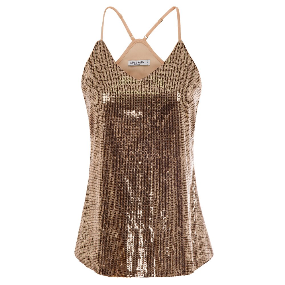 Grace Karin Women\\\'s Sequin Sexy V-Neck Top Spaghetti Strap Summer Cocktail Party Sequined Camisole Tank