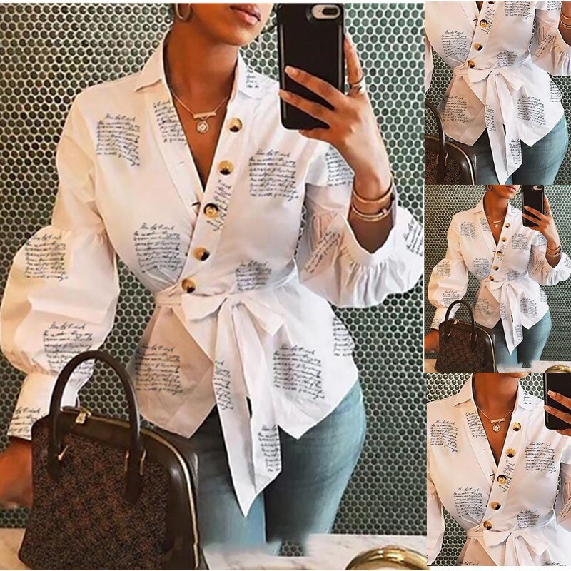 Blouse V Neck Lantern Long Sleeve with Sashes Button Print Shirt for Women Spring Summer Bluas Female Tops Elegant Office Casual