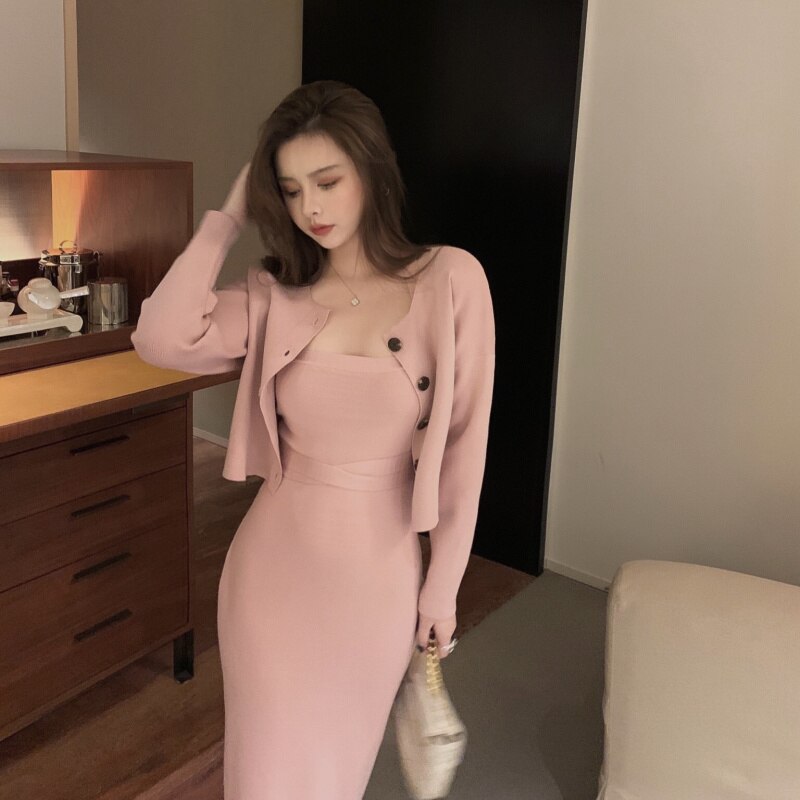 Tow Piece Set Women Autumn 2021 Korean Slim Knitted Cardigan Coat+sexy Bodycon Strap Dress Office Lady Sashes Casual Sweater Set