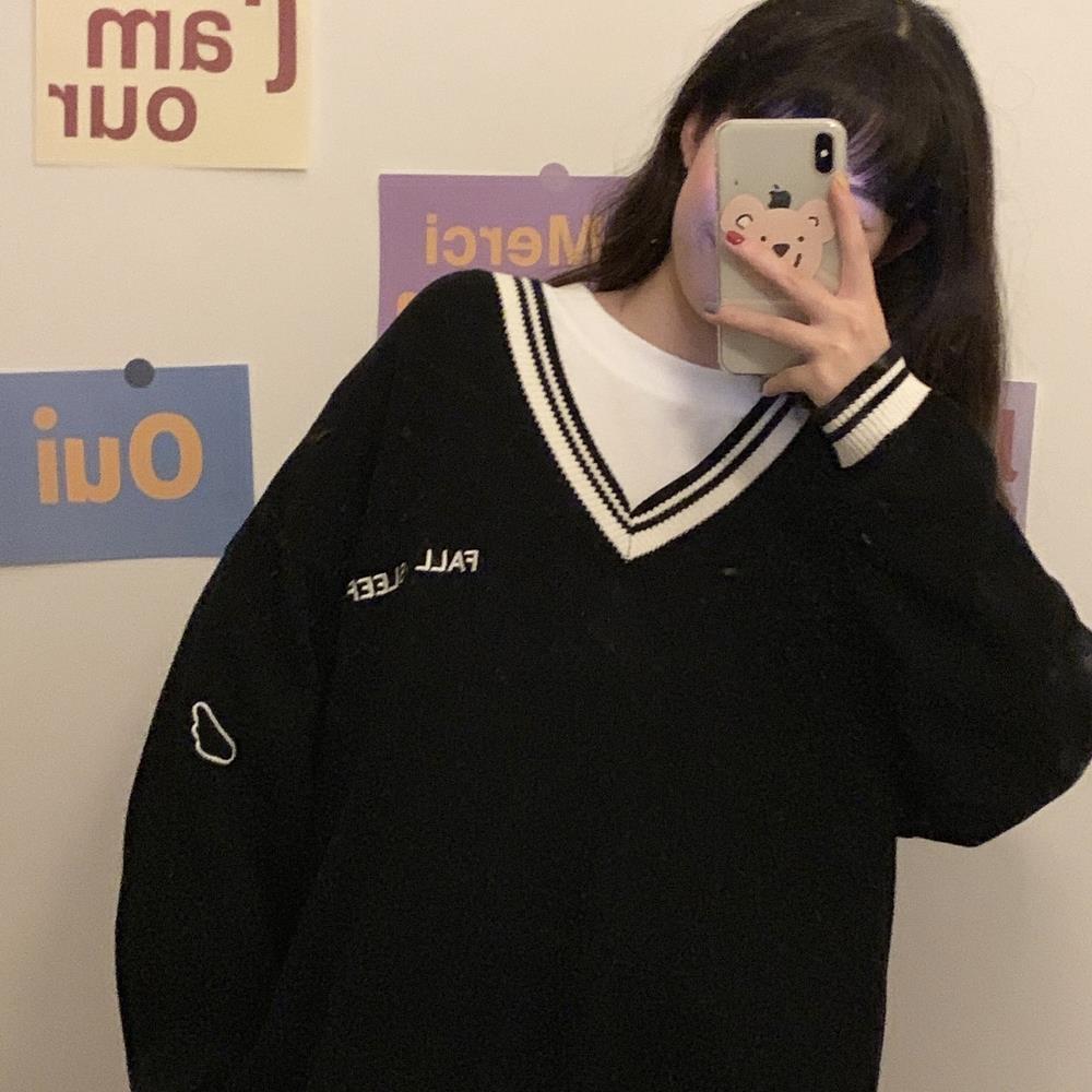 Sweaters Women Ulzzang Letter Chic Vintage V-neck Daily Oversize Girls Pullovers Student Fall Casual All-match Ins Women Sweater