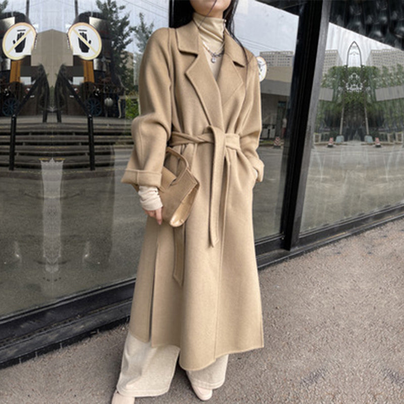 Lizakosht Autumn Winter Women Warm Korea Ins Jacket Double-Sided Cashmere Women's Long Loose Side Slit Wool Tweed Coat Elegant Overcoat
