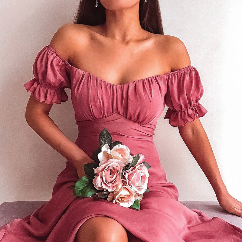 Lizakosht  2021 Summer's New Solid-colored Simple One-word Shoulder-length Skirt Summer Slash Neck  Puff Sleeve  Dresses for Women
