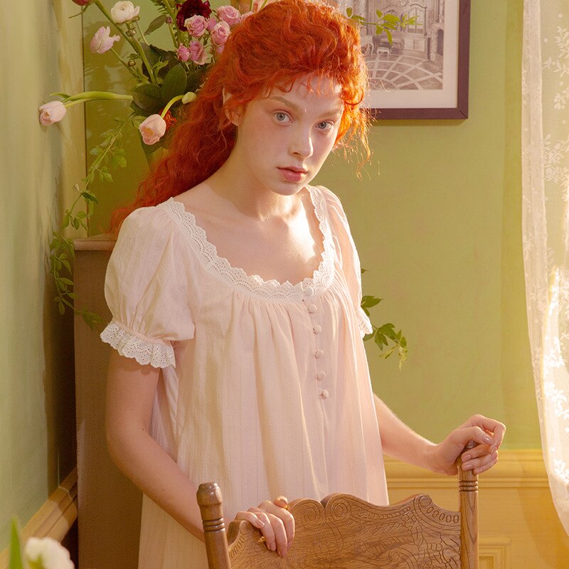 Summer Women‘s Cotton Pink Princess Sleepshirts Vintage Ladies Girls Lace Nightgowns Nightdress Cute Home Lounge Sleepwear