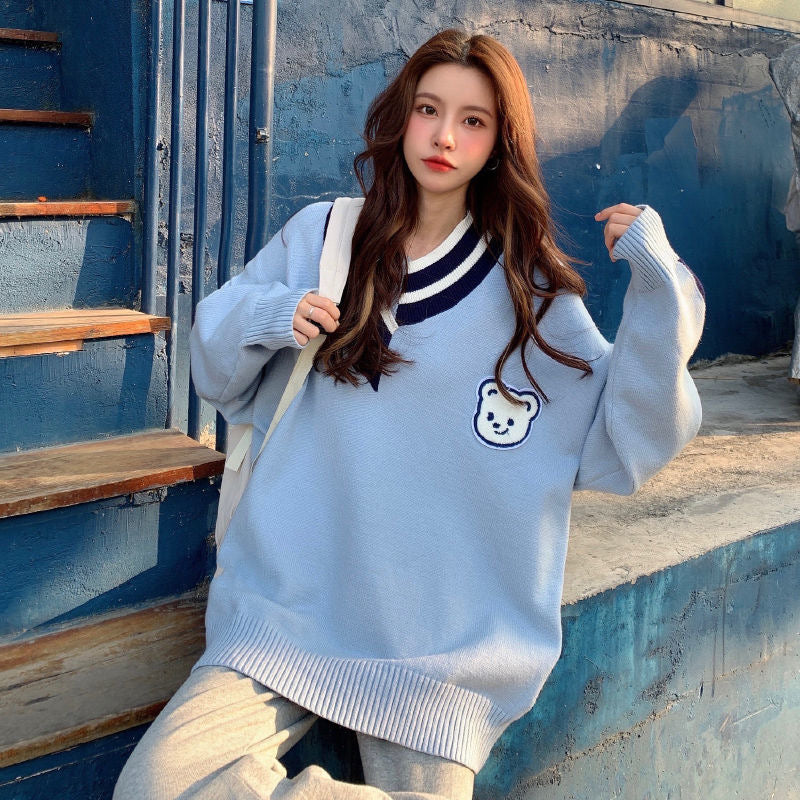 Sweaters Women Ulzzang Letter Chic Vintage V-neck Daily Oversize Girls Pullovers Student Fall Casual All-match Ins Women Sweater