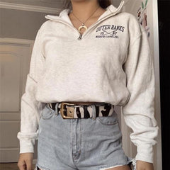 Lizakosht New Preppy Style Letter Print Zip Up POLO Collar Sweatshirt Women White Vintage Warm Fleece Winter Pullovers Design Fashion