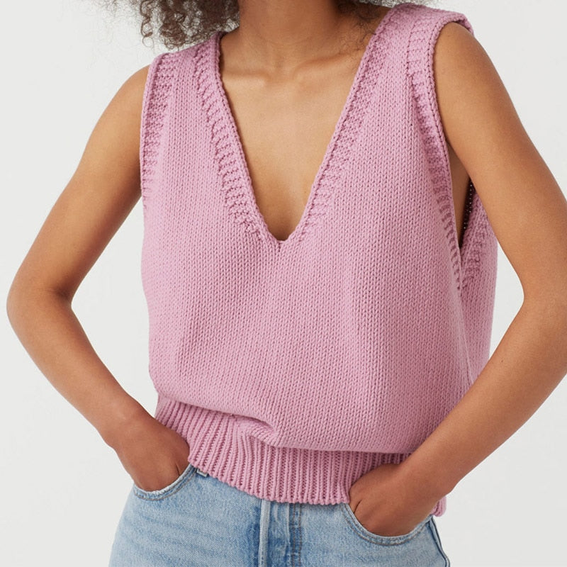 Autumn Knitted Sleeveless Women's Vest V-neck Solid White Female Vests New Fashion Casual Ladies Sweater Top