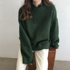 New Women Vintage Dark Green Sweater Fall Winter Round Neck Fluffy Pullover Tops Woman Korean Loose Long Sleeves Jumpers