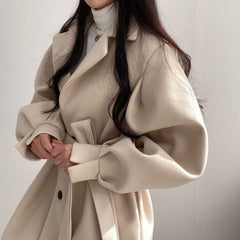 Lizakosht Women Solid Wool Blend Coat Slim Fit Belt Coats Female Warm Plus Cotton Thicker V-neck Office Lady Elegant Trendy Button Outwear