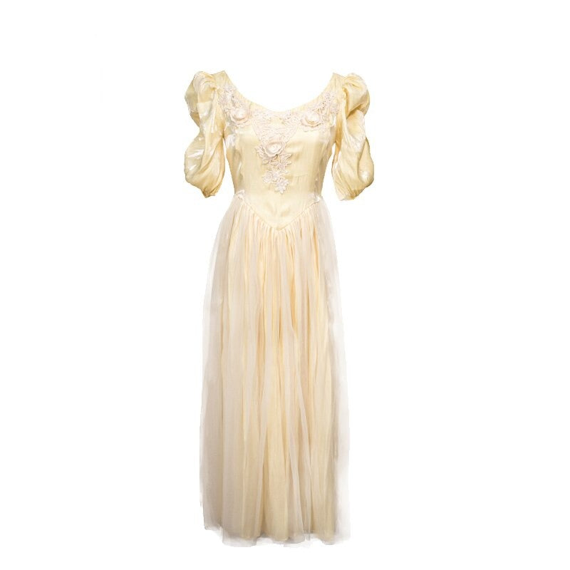 Lizakosht  Vintage Elegant Appliques Bell Yellow A Line Princess Dress Puff Sleeve Fitness Casual Midi Long Dress Vestidos Chic