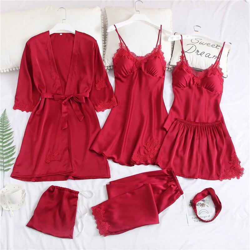 Lizakosht New Satin Pajamas Set for Women Sleepwear 7 pcs Female Lace Silk Pyjamas Suit Summer Autumn Lingerie Homewear Pijamas