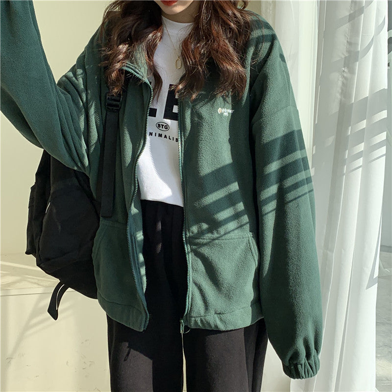 Loose Women Hoodies Korean Style Hoodie Sweatshirt Rocker Fleece Casual Rabbit Fur Zip Up Long Sleeve Kawaii Clothing Aesthetic