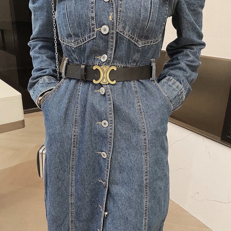 Autumn Denim Long Dress Women Casual Lapel Long Sleeve Long Cowboy Vestidos Korean Elegant Work OL Jean Dress Robe Femme