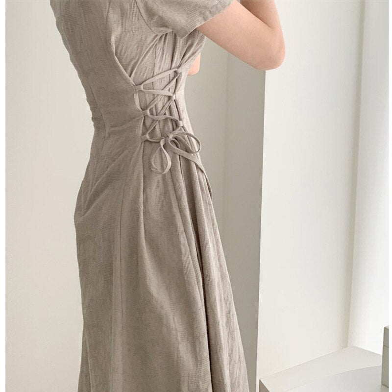 Summer Women Solid Dress French Pattern V-neck Slim Waist Side Straps And Long Short-sleeved Dress Elegent Party Dress
