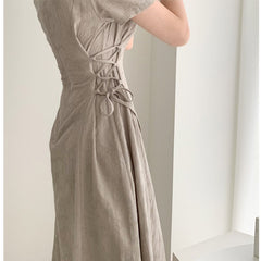 Summer Women Solid Dress French Pattern V-neck Slim Waist Side Straps And Long Short-sleeved Dress Elegent Party Dress