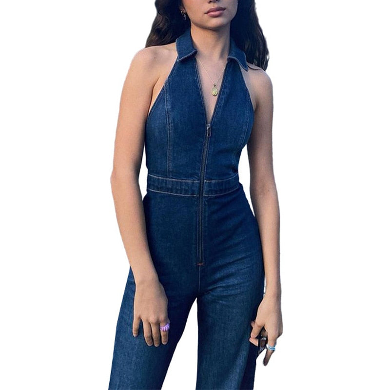 Lizakosht Sexy Slim Denim Romper Women's Jumpsuit 2021 Autumn Halter Straight High Waist Jumpsuits Female Elegant Lady Party Club Rompers