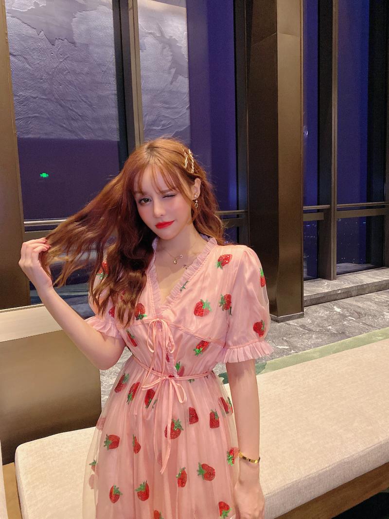 Sweet Elegant Strawberry Dress Women Summer 2022 Pink Beach Boho Party Midi Dress Ruffle Kawaii Korean Casual Vacation Clothing