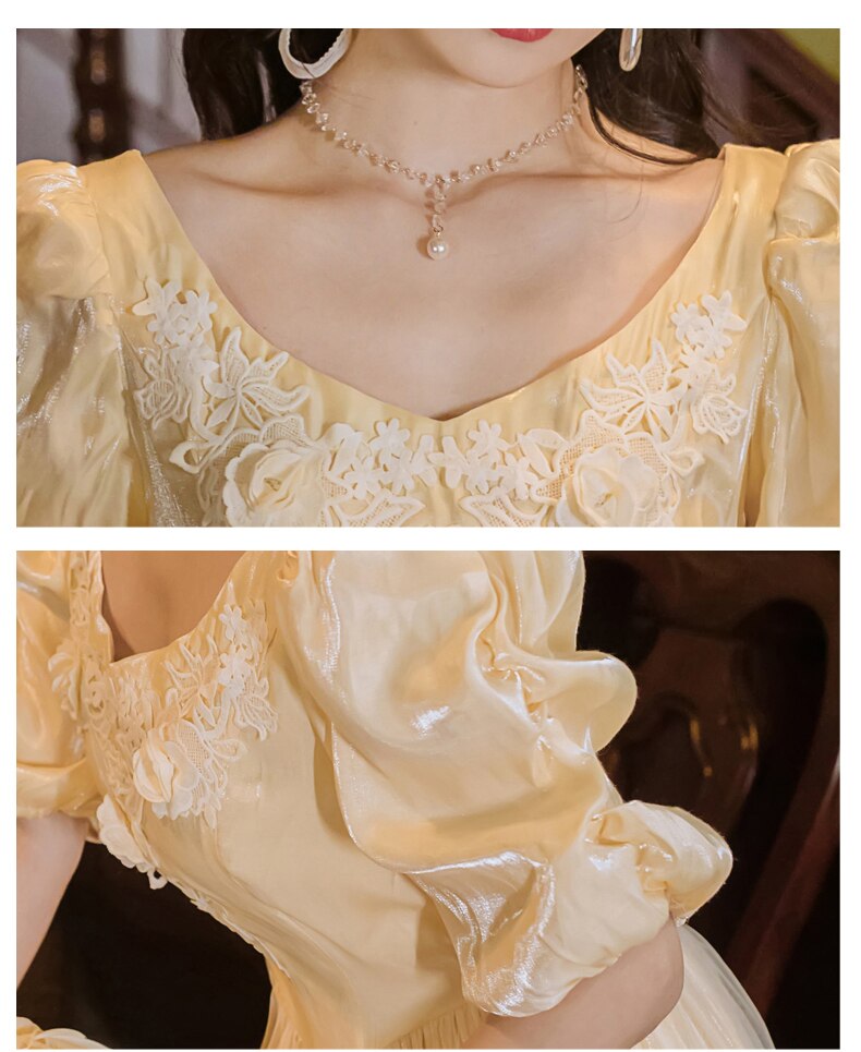 Lizakosht  Vintage Elegant Appliques Bell Yellow A Line Princess Dress Puff Sleeve Fitness Casual Midi Long Dress Vestidos Chic