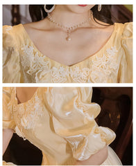 Lizakosht  Vintage Elegant Appliques Bell Yellow A Line Princess Dress Puff Sleeve Fitness Casual Midi Long Dress Vestidos Chic