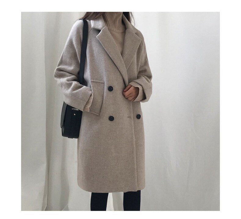 Lizakosht Fall New Korean Version Slim Women's Woolen Coat Mid Length Double Breasted Coat Female Casual Wild Commuter Woolen Coat