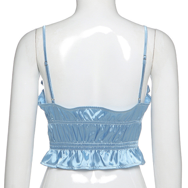 Summer Women Sexy Sling Straps Camisoles Ruffles Ruffle Satin Streetwear Strapless Vest Crop Tops Solid Slim Backless Club Camis