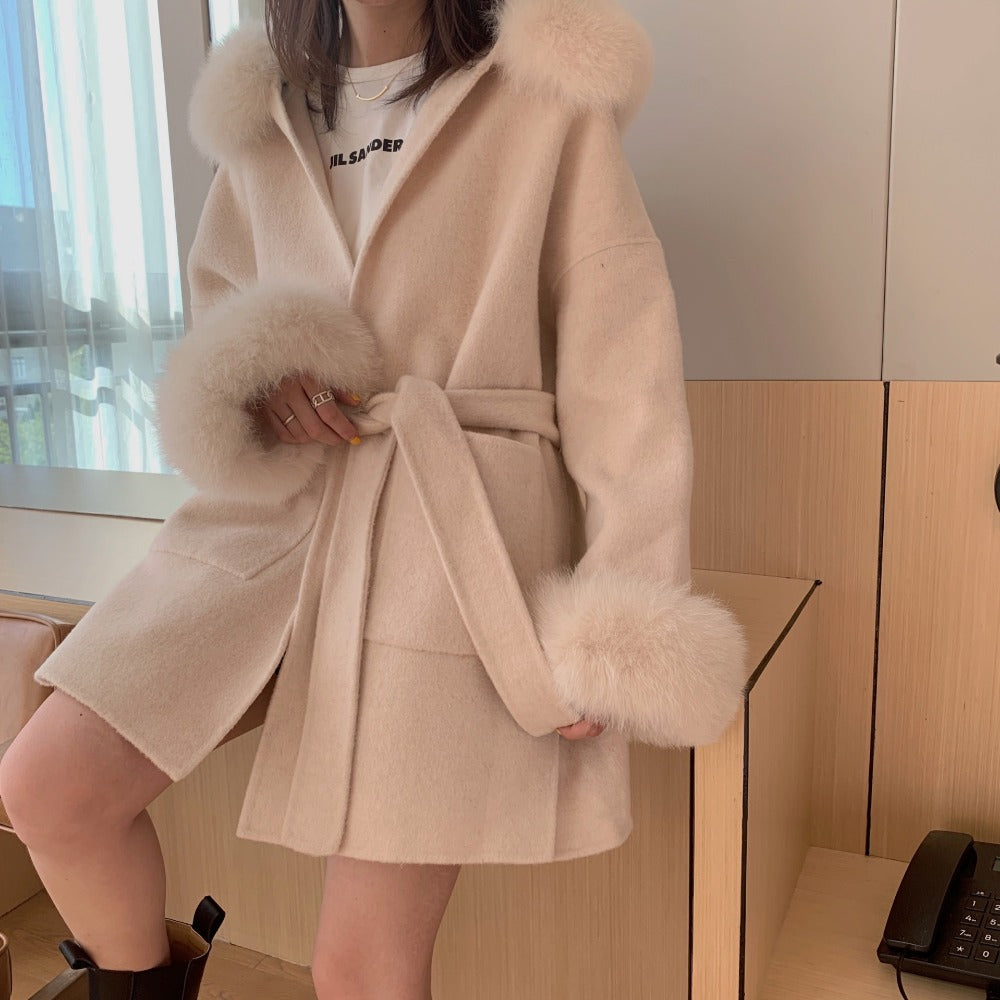 Lizakosht Luxury Oversized Real Cashmere Blend Coat Women Winter Wool Hooded Cardigan Jacket With Genuine Fox Fur Collar