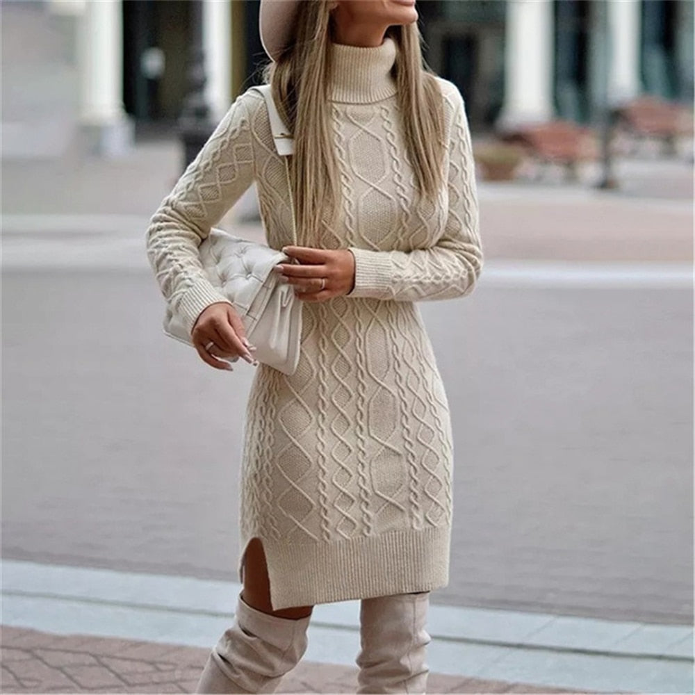 Fashion Knitted Sweater Dress Women Long Sleeve V Neck Solid Jumper Loose Knit Dresses Autumn Winter Female Sweaters Casual