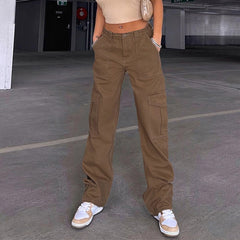 High Waist Straight Cargo Pants For Women Pocket Casual Loose Vintage Button Female Trousers 2022 New Autumn Ladies Jeans