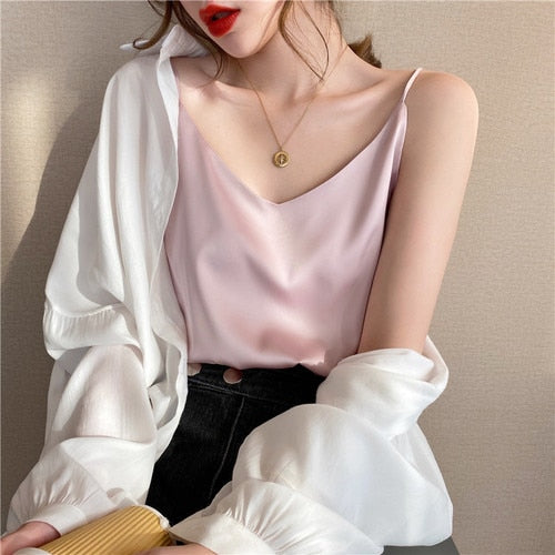 Korean Silk Women Tops Camis Woman Satin Tank Top Fashion Lady V-Neck Camis Women Sleeveless White Tops Sexy Halter Top XXXL