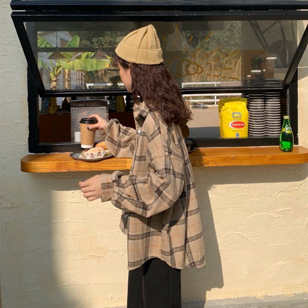Women Vintage Warm Shirt Jacket Autumn Winter Plaid Long Shirt Jacekt Casual Loose Buttons Pockets Turn down Shirt Coat